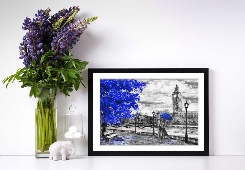 London Big Ben Grey Blue Umbrella Wall Art Picture Framed Poster Print 4 sizes