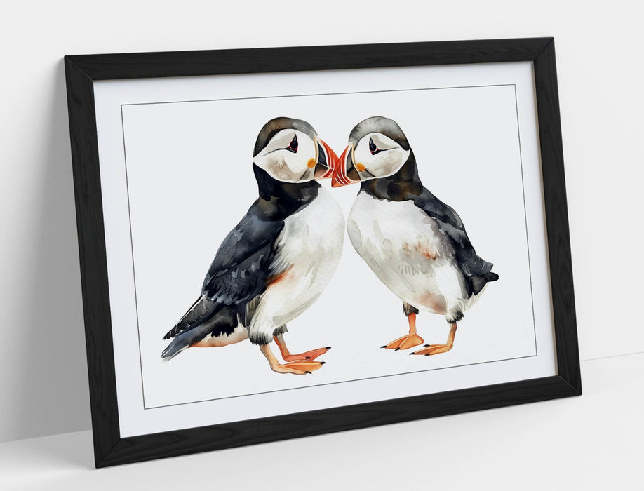 Puffins Wall Art – Framed Cute Animal Poster With Woodgrain Frame Print