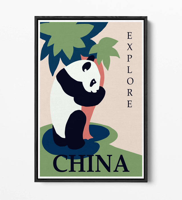Vintage Travel Poster – Retro Wall Art Panda Canvas Print With Float Effect Frame