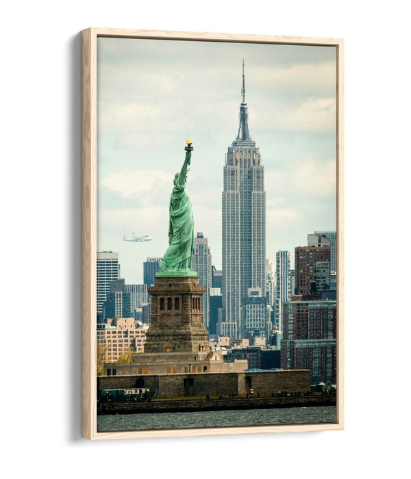 Float Effect Canvas Art - NYC Statue Of Liberty & Empire State Premium Print