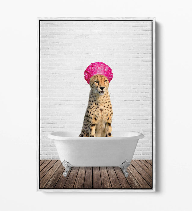 FUNNY CHEETAH IN BATHTUB -QUIRKY BATHROOM FLOAT EFFECT CANVAS WALL ART PIC PRINT