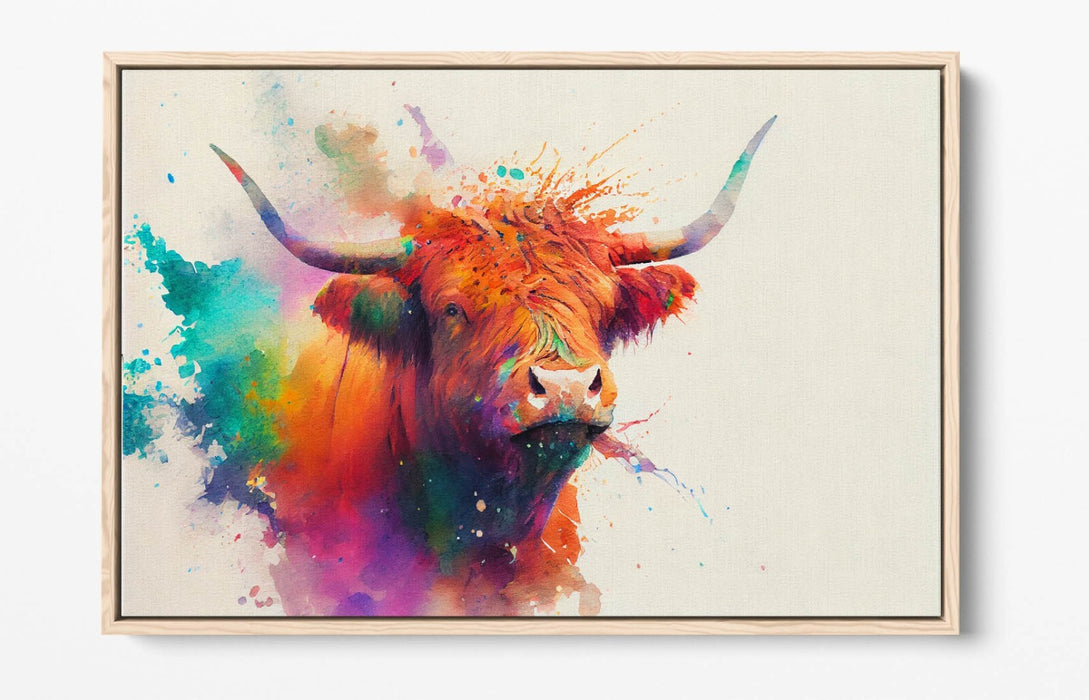 COLOURFUL HIGHLAND COW WATERCOLOUR SPLASH FLOAT EFFECT CANVAS ART PIC PRINT