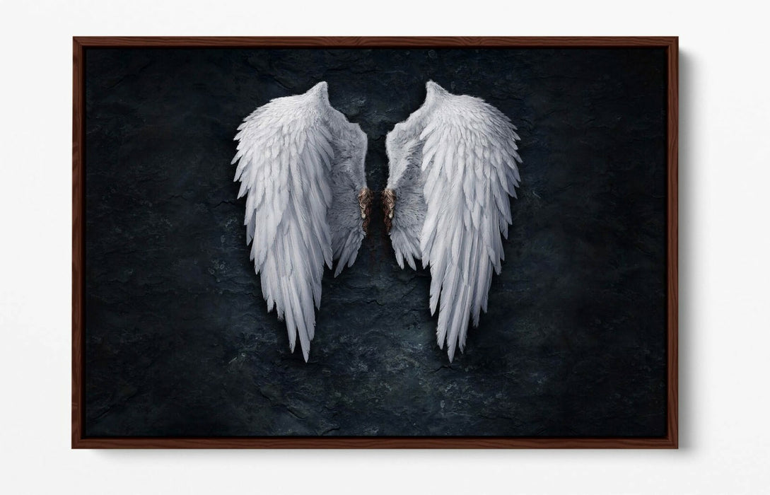 BROKEN FALLEN ANGEL WINGS WHITE -FLOAT EFFECT CANVAS WALL ART PIC PRINT- BLACK