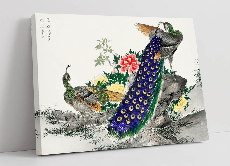 Canvas Wall Art - Numata Kashu Peacock and Peony Handmade Print with 30mm Deep Frame