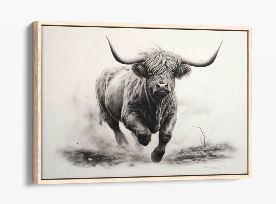 Highland Cow Canvas – Charcoal Sketch Print On Float Effect Canvas Wall Art