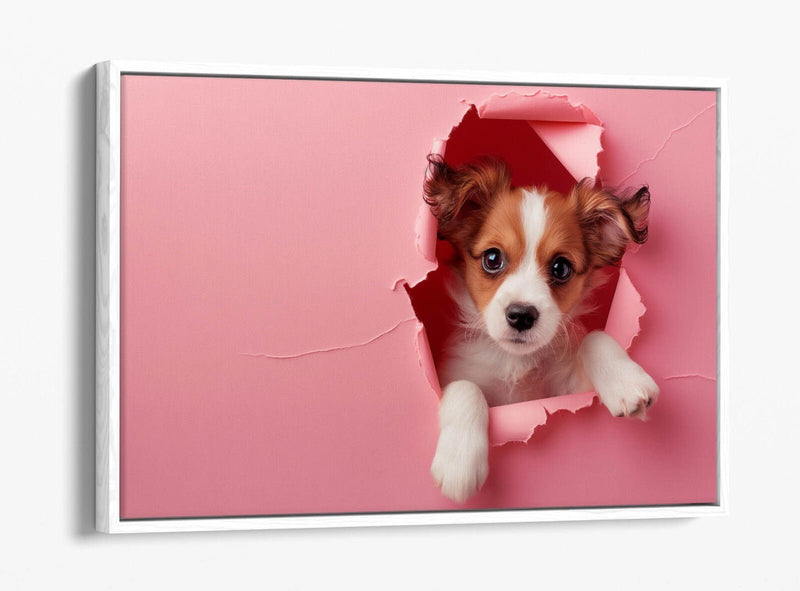 Puppy Canvas Art - Cute Puppy Print On Pink Wall Decor | Float Effect Canvas