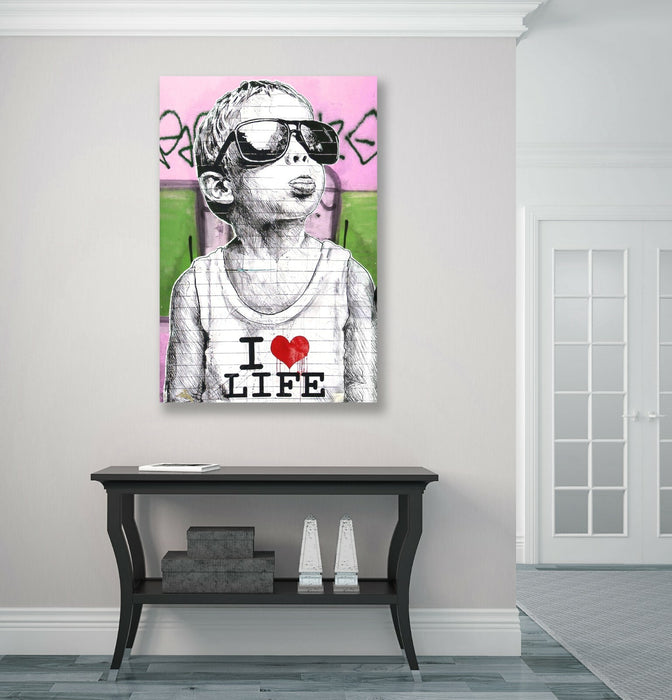 BANKSY I LOVE LIFE BOY CANVAS STREET WALL ART PRINT ARTWORK PINK GREEN