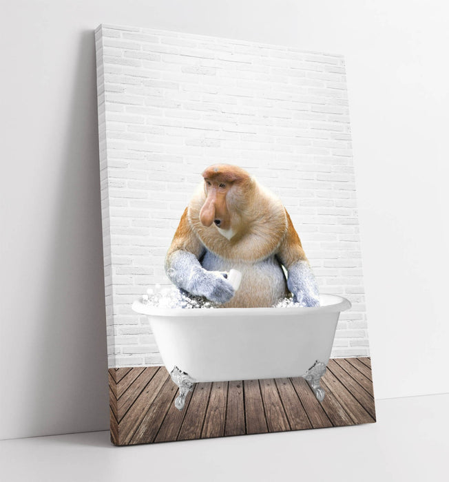 PROBISCUS MONKEY IN BATH -CANVAS WALL ART PRINT ARTWORK ANIMAL FRAMED BATHROOM