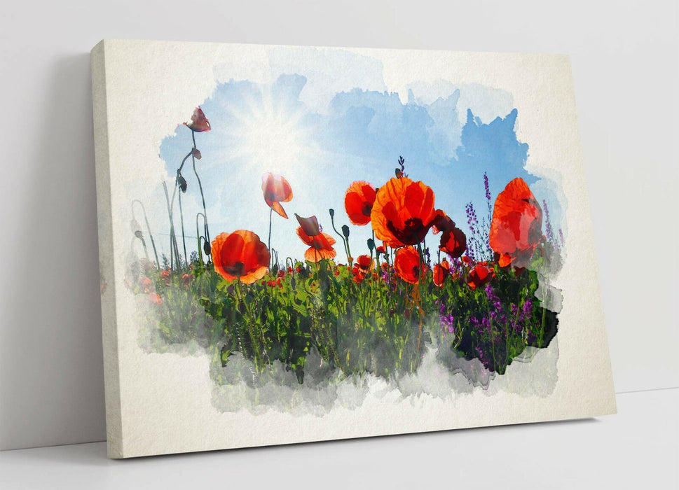 Canvas Wall Art Print - Poppy Field Watercolour Landscape on Archival Grade Canvas