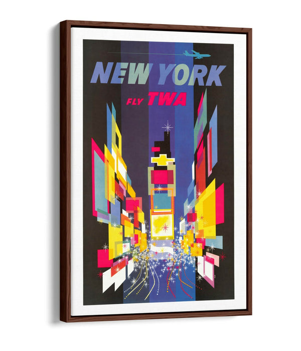 RETRO NEW YORK TRAVEL POSTER -FLOAT EFFECT CANVAS ART PRINT- YELLOW BLUE PINK