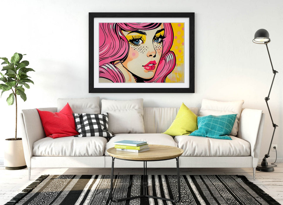 Framed Wall Art - Retro Comic Style Woman Portrait Poster Print With Faux Wood Frame