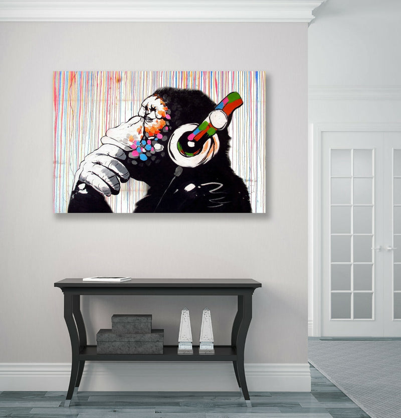 Banksy Canvas Wall Art – Monkey DJ Artwork With Coloured Rain Print, Ready To Hang