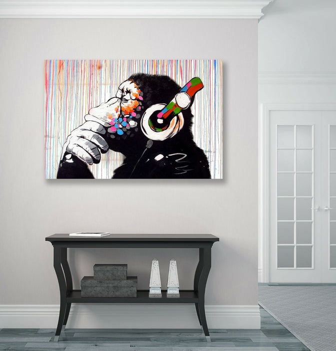 BANKSY  DJ MONKEY COLOURED RAIN CANVAS WALL ART PRINT PICTURE ARTWORK GORILLA
