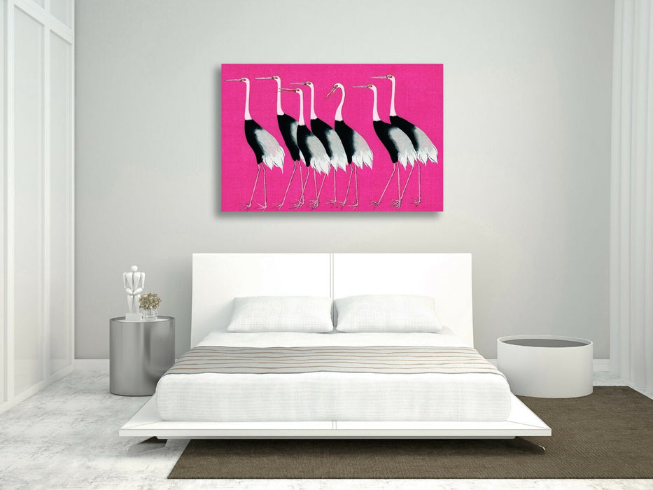 PINK CANVAS WALL ART PRINT PICTURE ARTWORK ORIENTAL CRANES  HAPPINESS JAPANESE