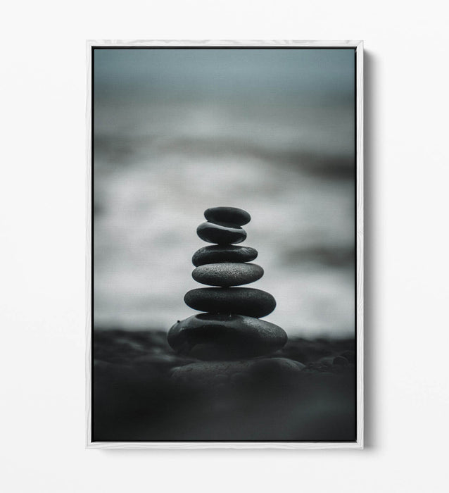 Canvas Wall Art – Stacked Zen Stones Seashore | Float Effect Print, Handmade UK