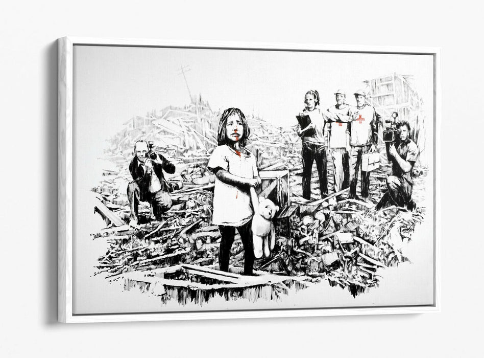 BANKSY MEDIA -FLOAT EFFECT CANVAS WALL ART PIC PRINT- BLACK & WHITE