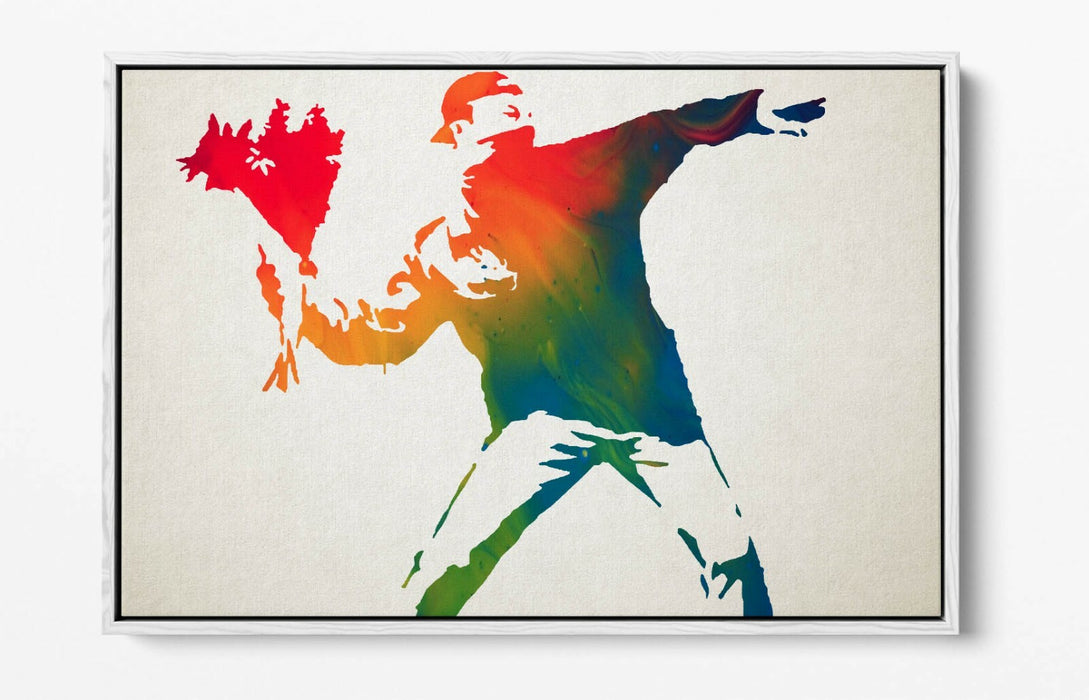 BANKSY, FLOWER THROWER RAINBOW -FLOAT EFFECT CANVAS WALL ART PRINT