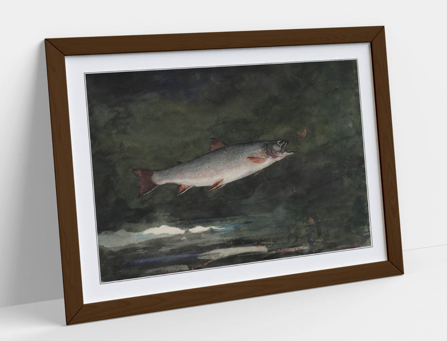 Framed Wall Art - Winslow Homer Leaping Trout Poster Print With Woodgrain Faux Frame