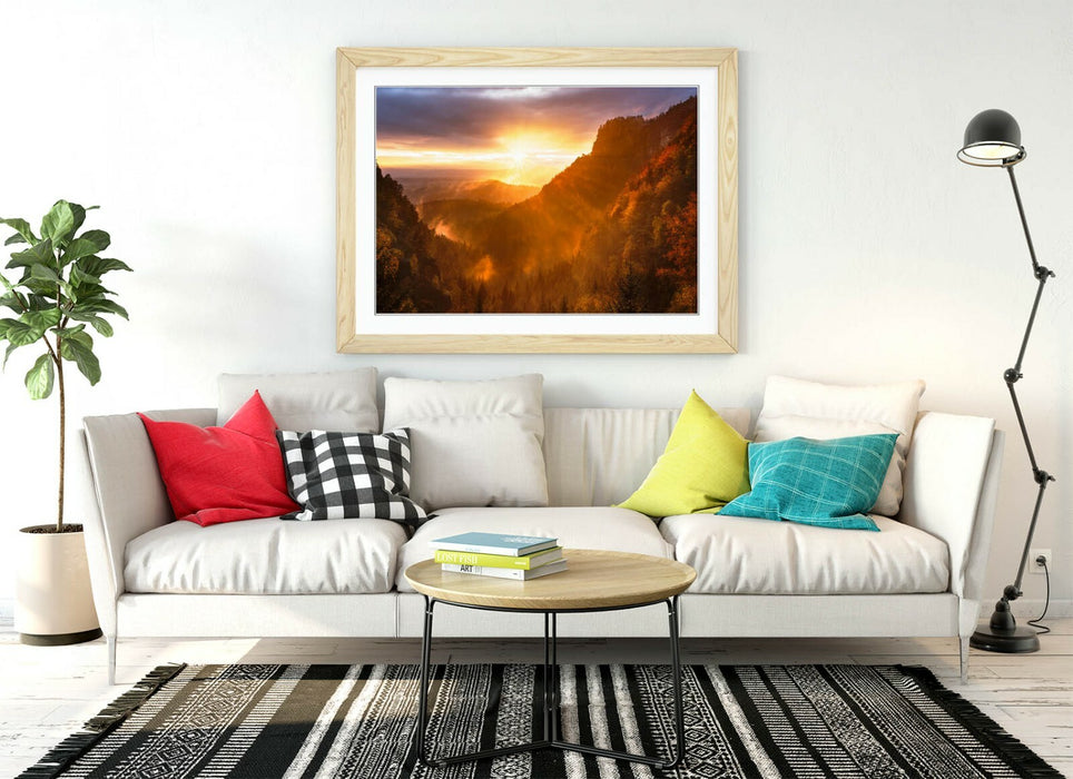 Framed Art Poster - Forest Sunset Print With Natural Wood Frame, Yellow Purple