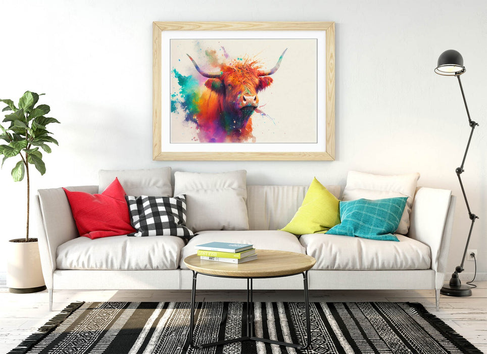 Highland Cow Art - Framed Wall Art With Colorful Watercolour Animal Print