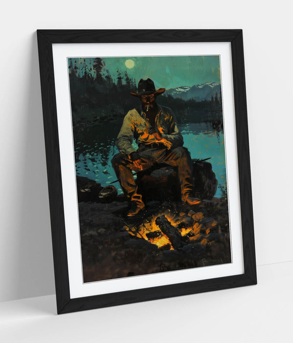 Cowboy Wall Art - Framed Campfire Poster Print With Woodgrain Frame | Rustic Western Decor