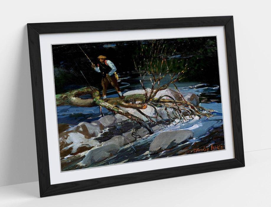 Framed Wall Art Poster - George Benjamin Luks Trout Fishing Print With Woodgrain Frame
