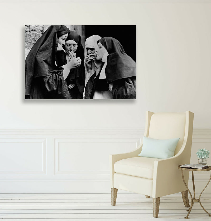 Vintage Canvas Wall Art – Nuns Smoking Artwork | Handmade Framed Canvas Print