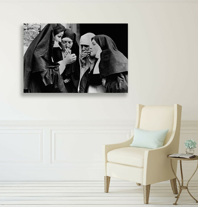 Vintage Canvas Wall Art – Nuns Smoking Artwork | Handmade Framed Canvas Print
