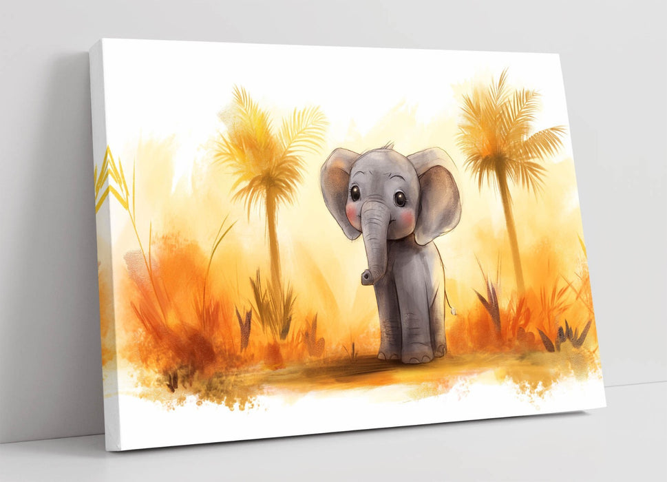 Canvas Wall Art - Cute Cartoon Elephant Safari Landscape Print | Handmade Vibrant Decor