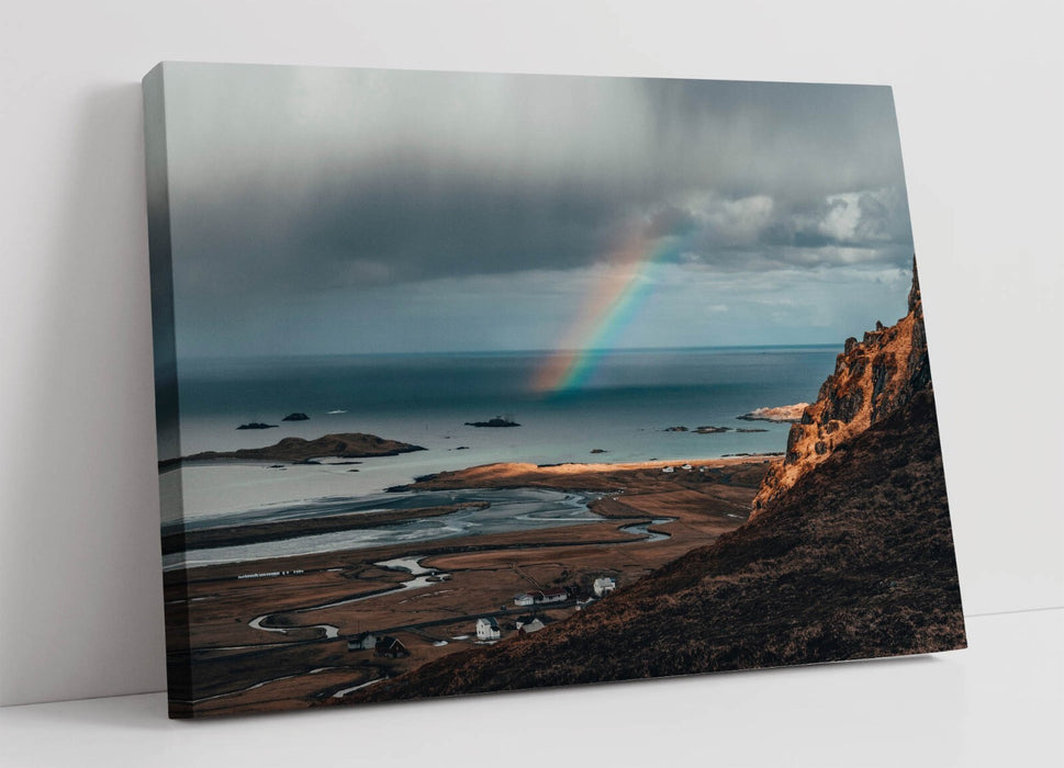 Canvas Wall Art – Rainbow Over Sea Coast Bedroom Decor | Handmade Vibrant Print
