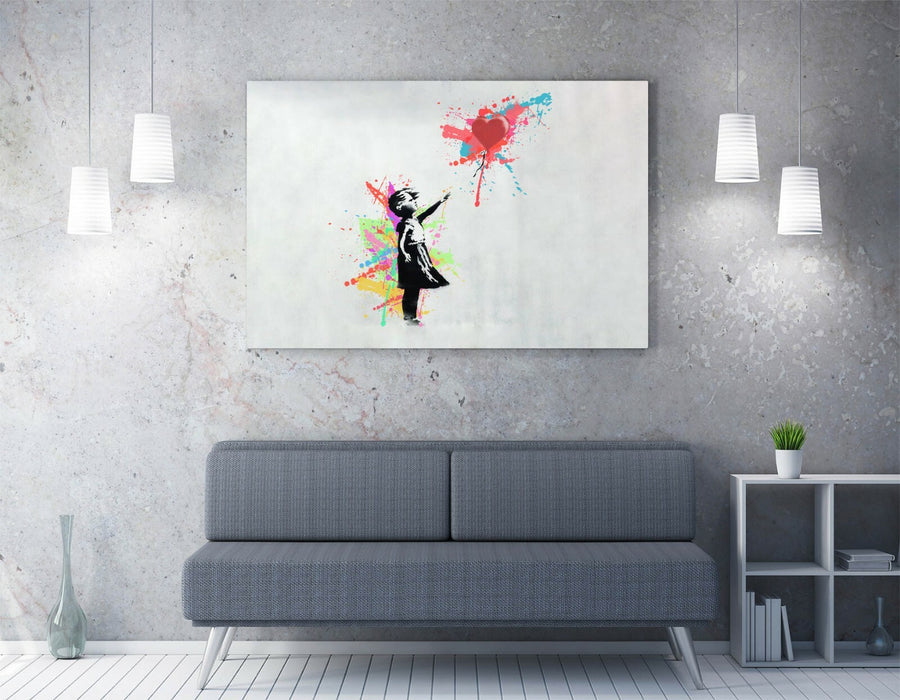 BANKSY, BALLOON GIRL RAINBOW SPLASH ART -CANVAS WALL ART PRINT ARTWORK FRAMED