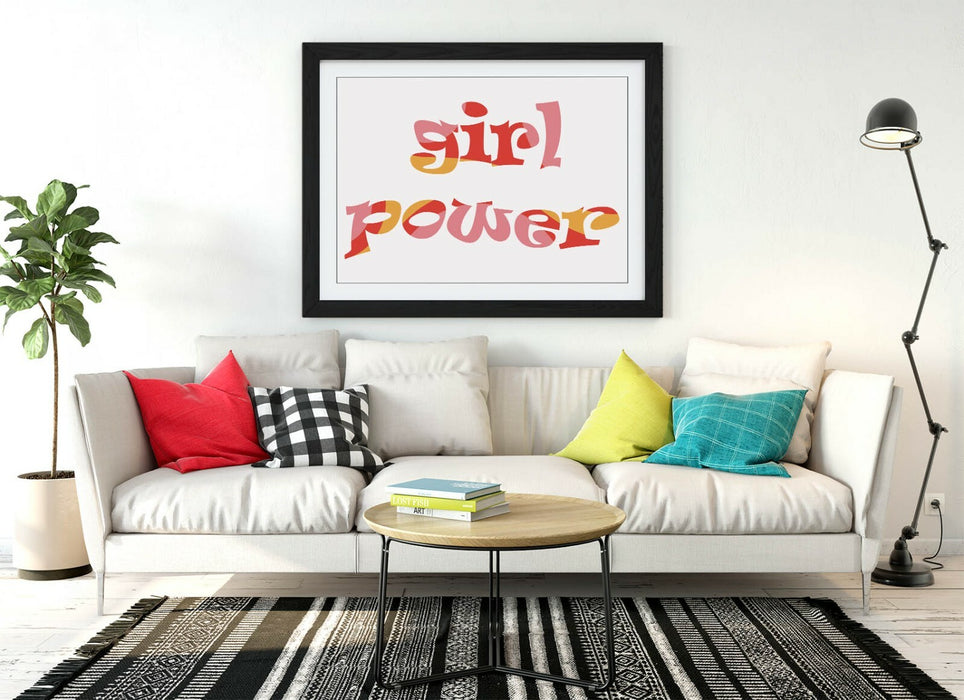 "GIRL POWER" GROOVY FEMINIST QUOTE 1 -FRAMED WALL ART PICTURE PRINT- PINK YELLOW