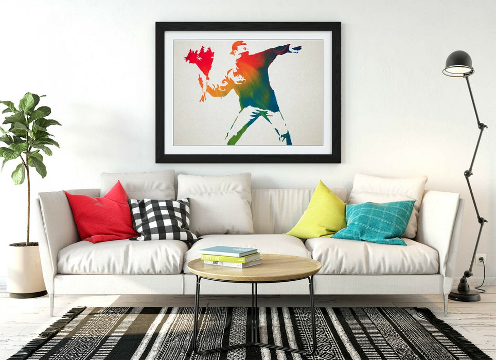 BANKSY, FLOWER THROWER RAINBOW -FRAMED WALL ART PICTURE PRINT