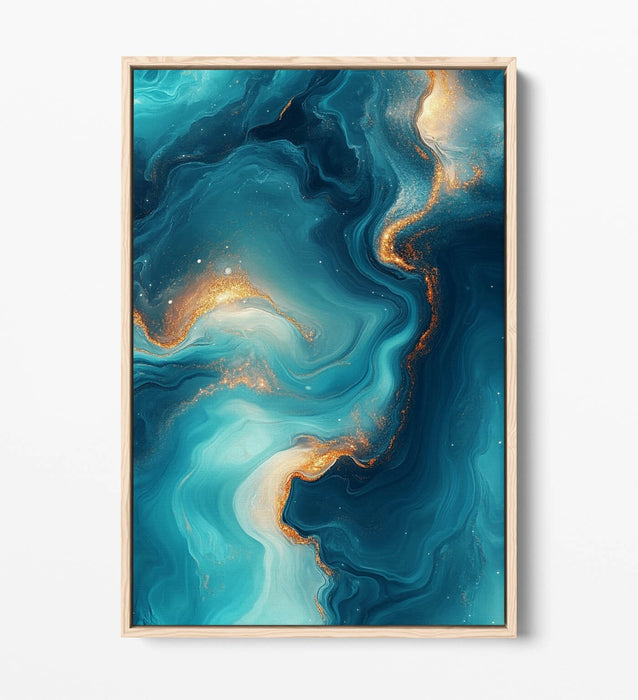 Abstract Canvas Wall Art – Blue Gold Sea Water Painting With Float Effect Frame