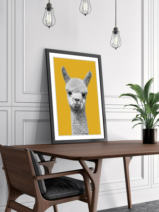 Happy Alpaca Wall Art – Framed Black White Poster With Yellow Mustard Decor