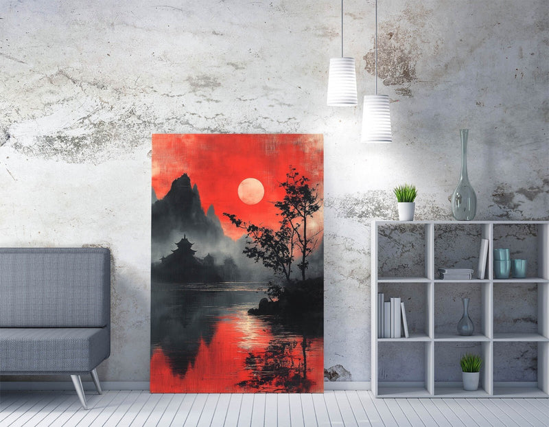 Chinese Landscape Canvas - Red Black Canvas Wall Art With Custom Frame Print