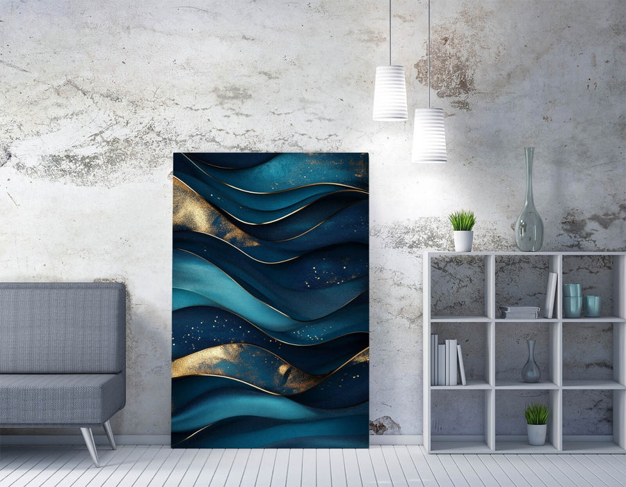 Canvas Wall Art – Blue Gold Wavy Pattern Abstract Canvas Print, Handmade UK