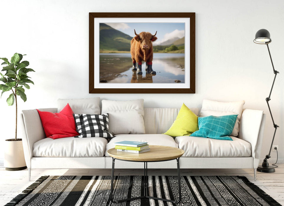 Highland Cow Wall Art - Framed Funny Animal Poster with Welly Boots Decor