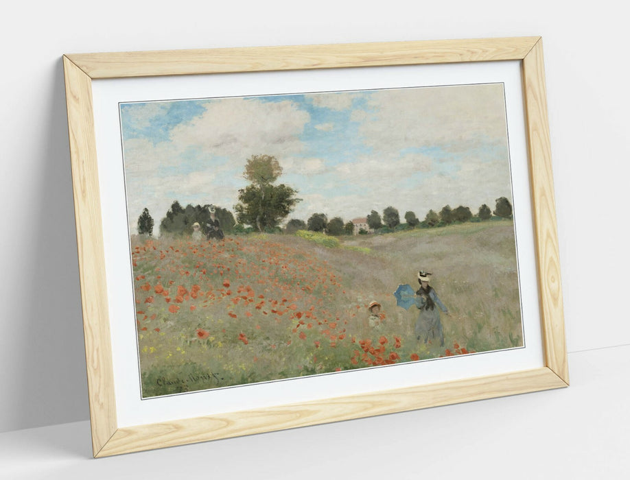 Claude Monet Poster - Framed Art Print with Blue Red Poppy Field Artwork