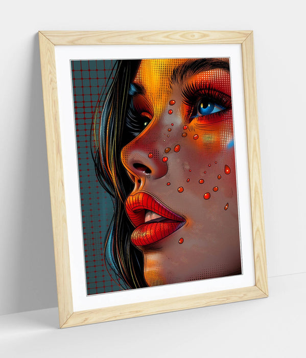 Pop Comic Wall Art - Framed Portrait Woman Pop Art Print With Woodgrain Frame Finish