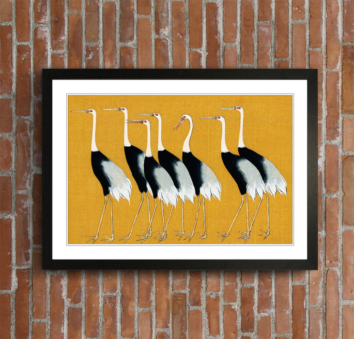 Framed Wall Art - Japanese Art Print With Mustard Crane Poster | Quality Wood Frame