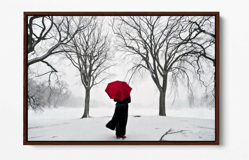Canvas Wall Art - Red Umbrella Snow Scene | Float Effect Canvas Print