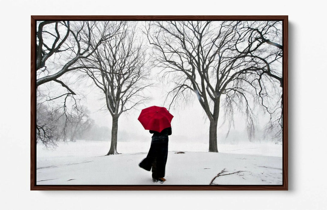 Canvas Wall Art - Red Umbrella Snow Scene | Float Effect Canvas Print