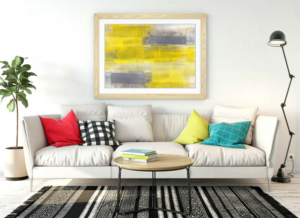 Framed Abstract Painting – Modern Wall Print With Yellow Grey Artwork & Natural Wood Frame
