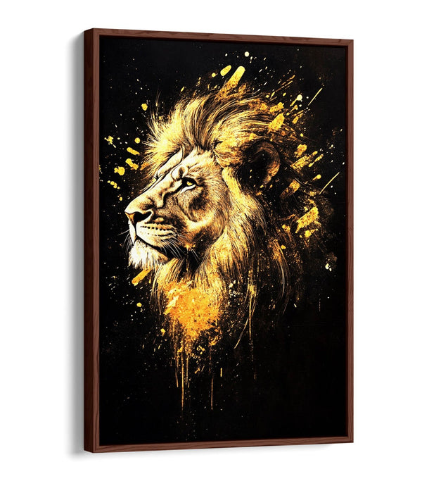 Lion Head Canvas Art – Abstract Gold Splash Painting | Float Effect Canvas Print