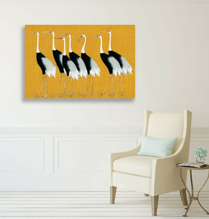 Mustard Canvas Wall Art – Oriental Crane Artwork | Handmade Japanese Decor Print