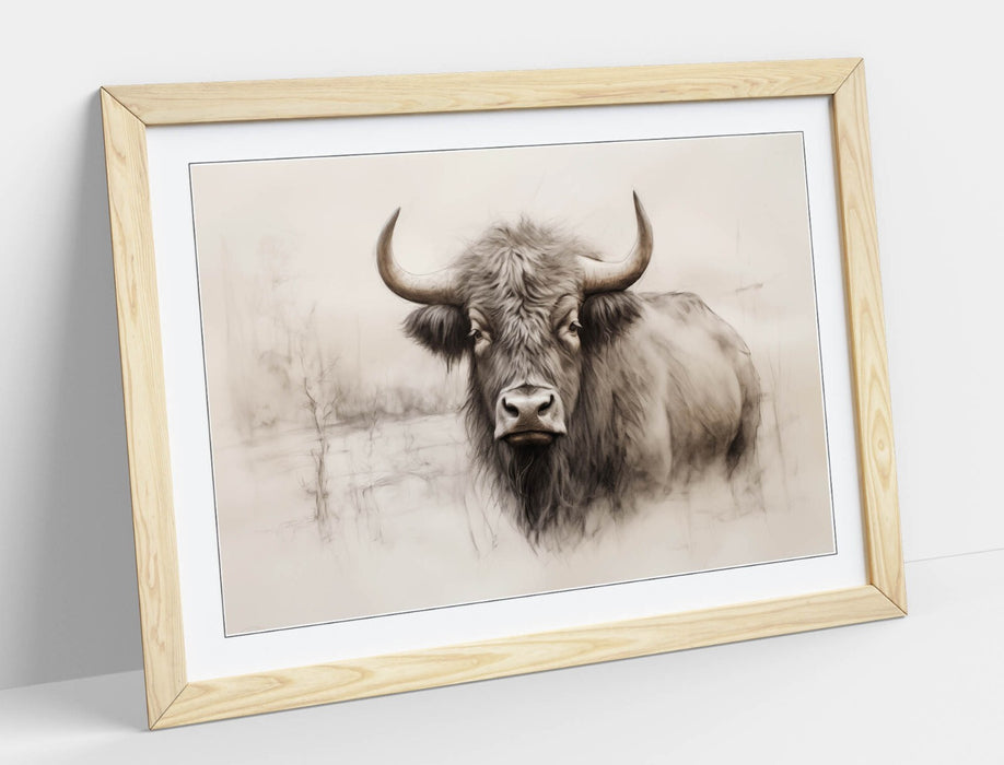 Highland Cow Wall Art – Framed Charcoal Sketch Print with Natural Wood Frame