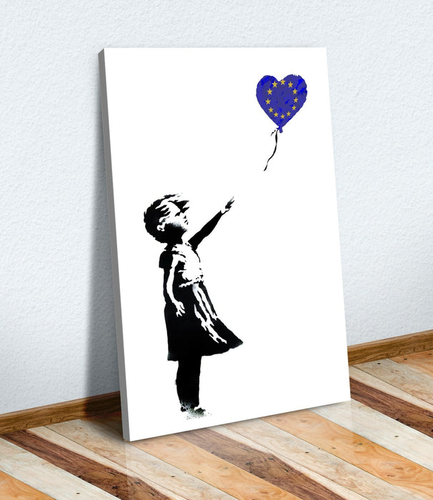 BANKSY BALLOON GIRL EUROPEAN EURO BLUE CANVAS WALL STREET ART PRINT FRAMED