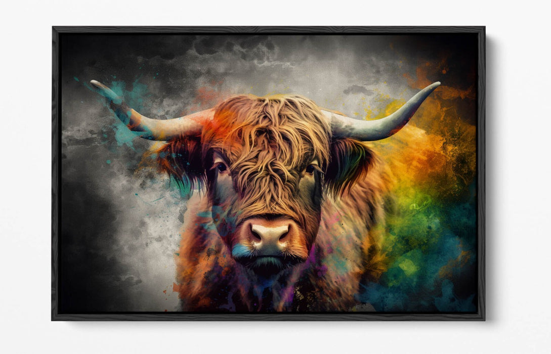 Canvas Wall Art – Highland Cow Multi Colour Print | Float Effect Frame, Handmade