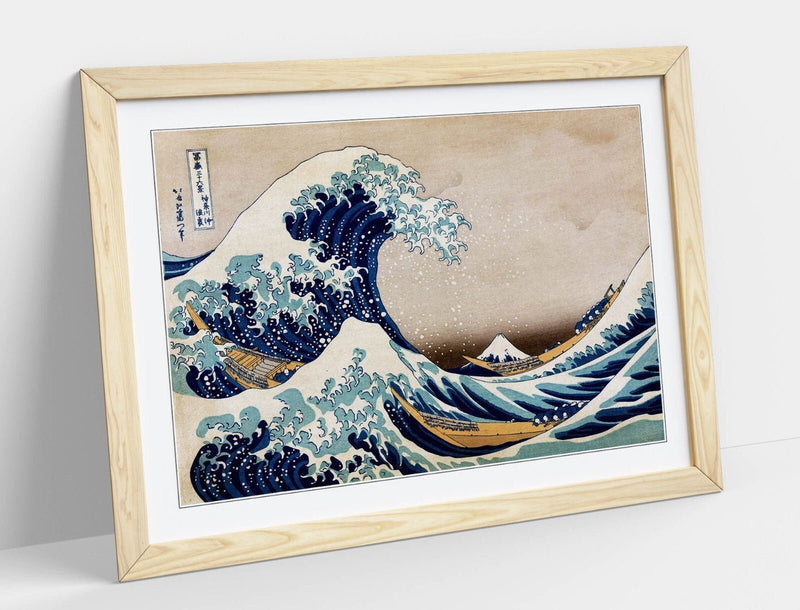 Hokusai Framed Art - Great Wave Print With Woodgrain Frame Style, Matte Paper Poster